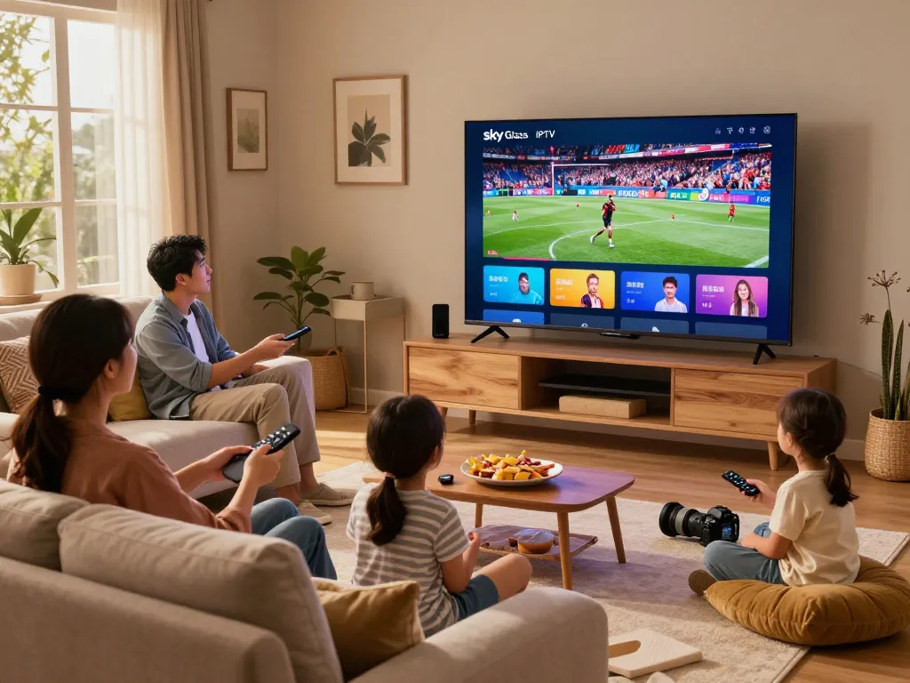 Enjoying Sky Glass IPTV in a cozy living room with family, streaming sports and movies in 4K.