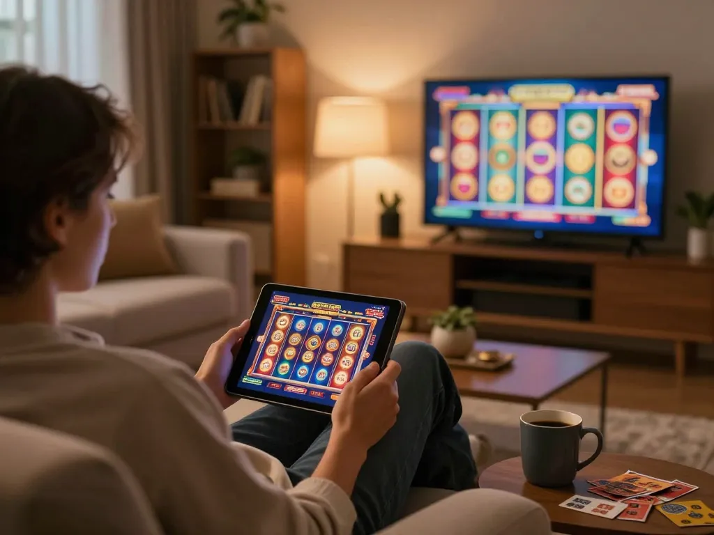 Engaging in lc88 online gaming with a tablet in a cozy living room setting