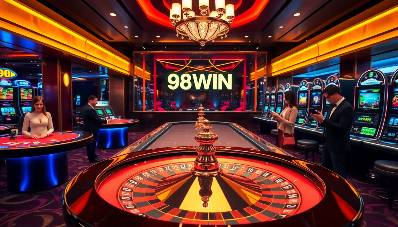 Engaging scene of players actively betting at 98win casino tables with vibrant visuals.