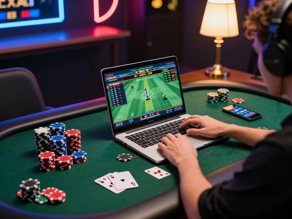 Player engaging in strategic betting on HELLO88 casino site using a laptop in a modern home setup.