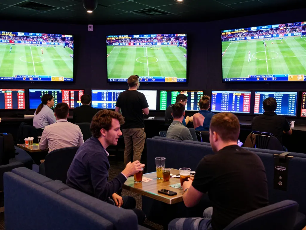 C168 sports enthusiasts engaging in live betting with multiple screens showing game outcomes and odds.
