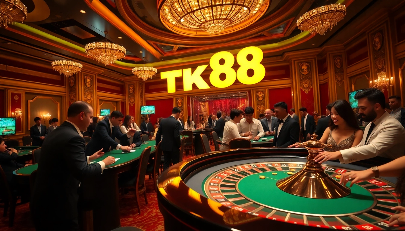 Play poker and win big at TK88 Casino with vibrant chips and glamorous setting.