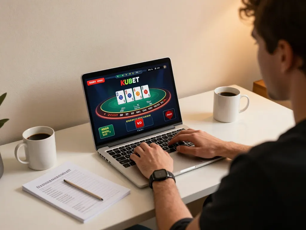 KUBET player enjoying live dealer blackjack on a laptop while managing bankroll