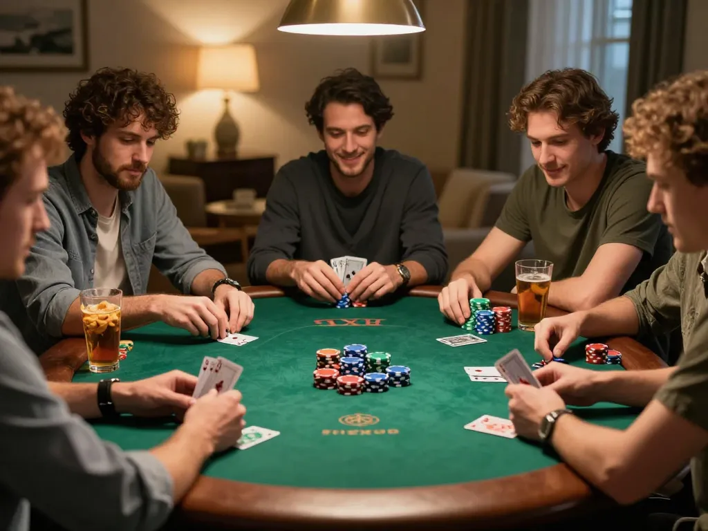 Friends enjoying a poker game at home, showcasing fabet strategies with lively chips and cards.