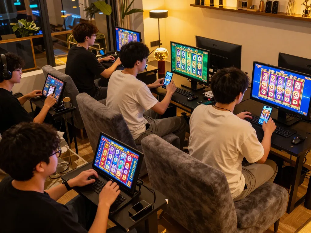 Players engaging in Nổ hũ slot games online with excitement and vibrant graphics.