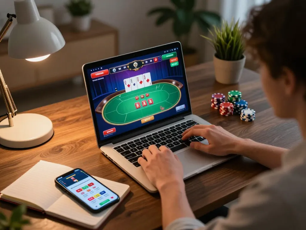 Player strategizing on LV88 online casino game with laptop and notebook