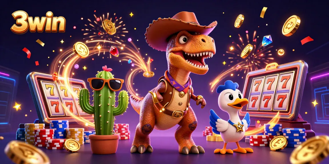 Experience the thrill of 3win slots with a dynamic cartoon scene featuring a T-Rex and lucky symbols.