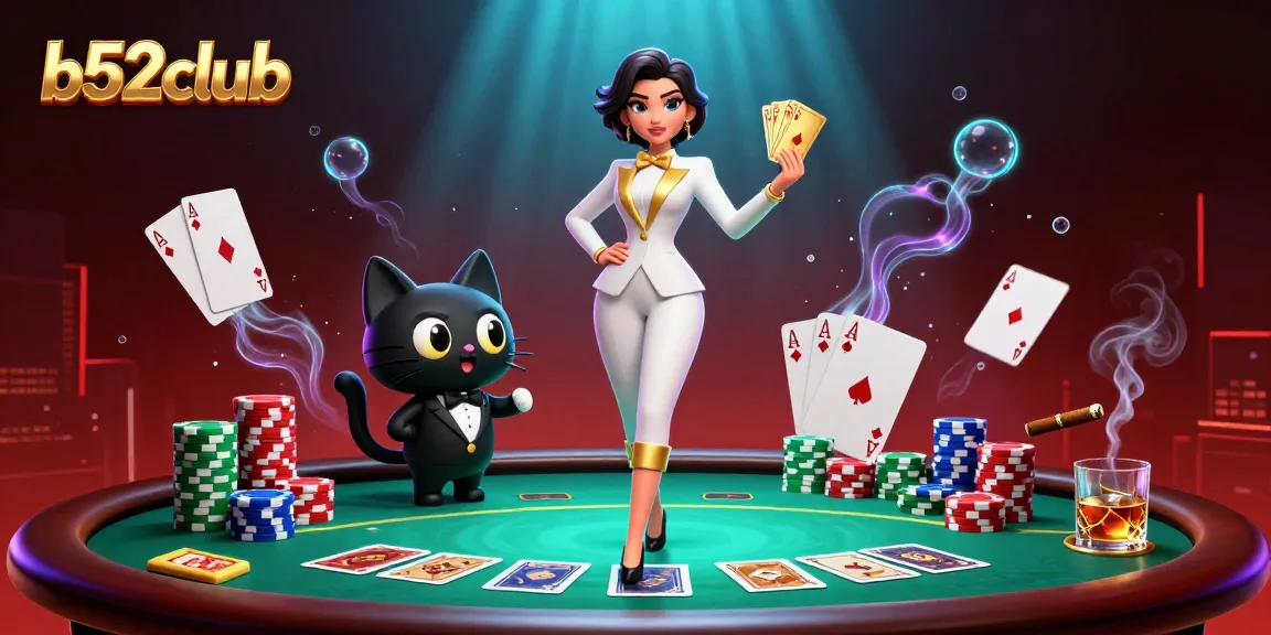 Play thrilling poker with b52club's stylish dealer amid vibrant gaming action.