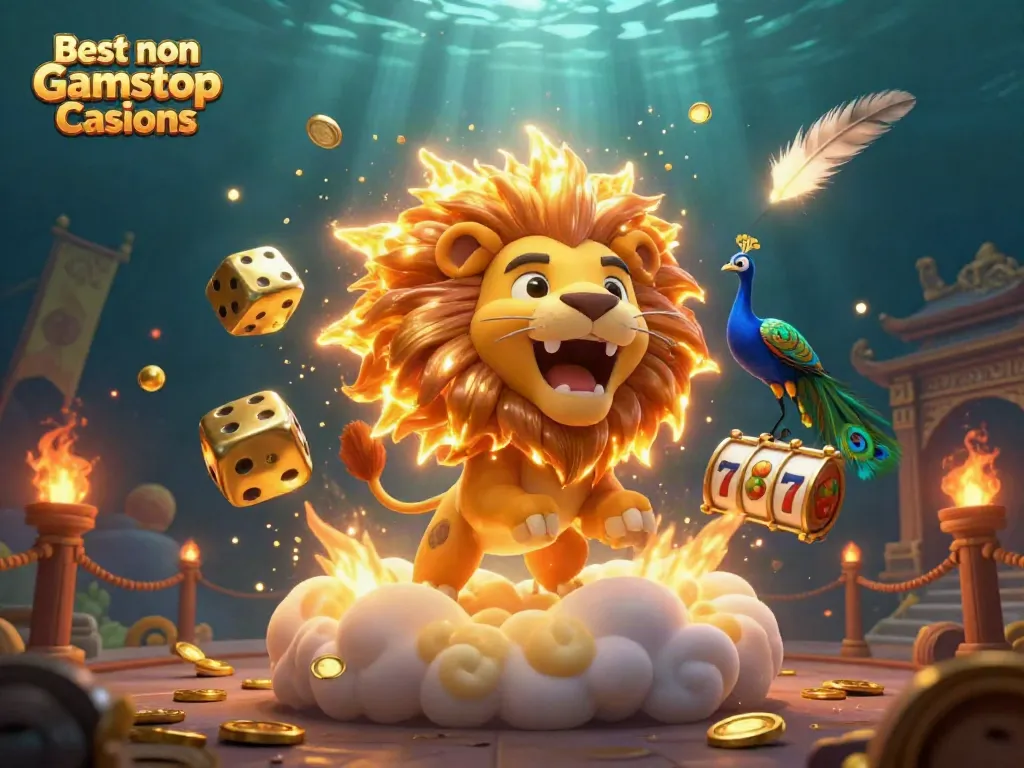 Experience thrilling gaming at Best non Gamstop Casinos featuring a majestic sun lion amidst a dazzling casino scene.