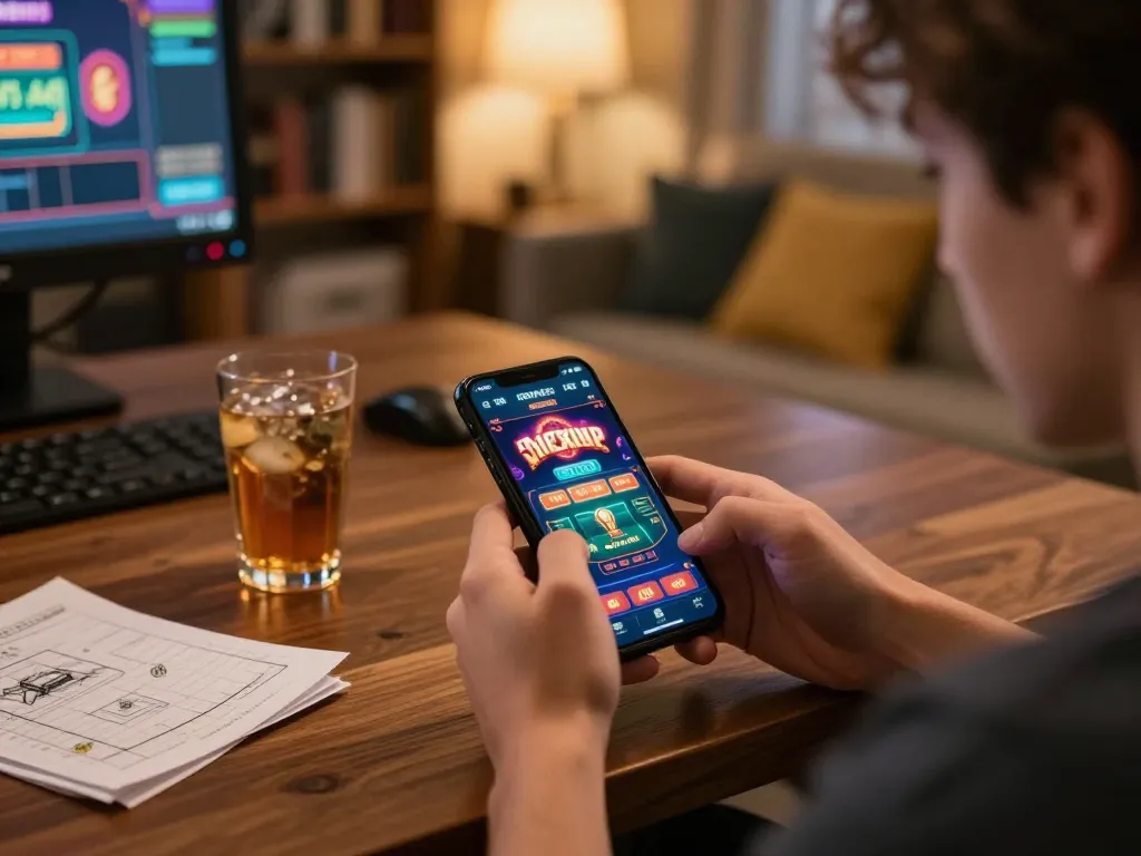 Player using the vu88 mobile app for engaging online gambling at home, showcasing excitement and strategy.