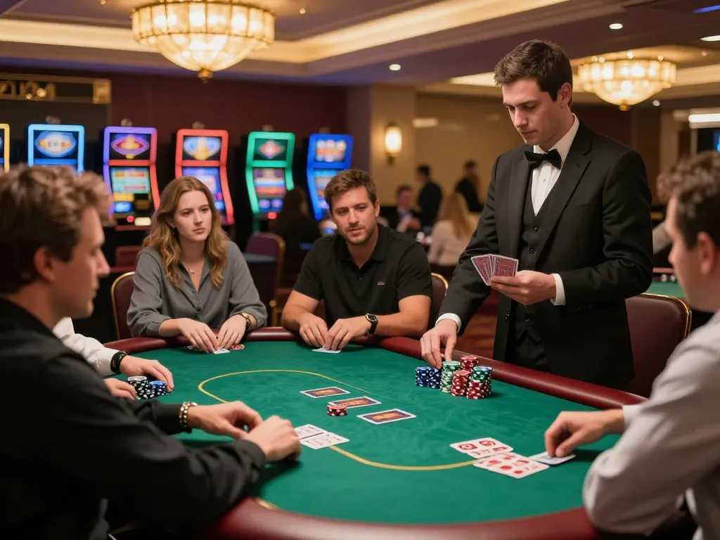 Engaging poker game scene at qh88go casino with players and dealer intensively focused.