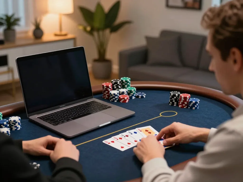 Engaged player strategizing for sin88 online poker game, showcasing winning hand and chips in a stylish home office.