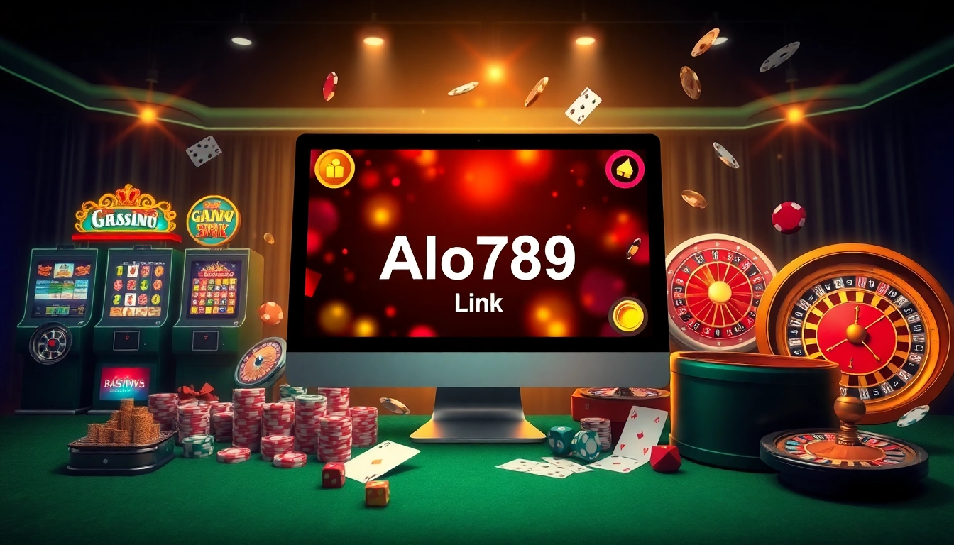 Engage with the Alo789 Link showcasing thrilling online casino elements like slot machines and poker chips.