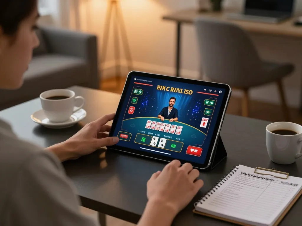 Dabet users engaging in live dealer blackjack on a tablet, emphasizing a cozy home gaming atmosphere