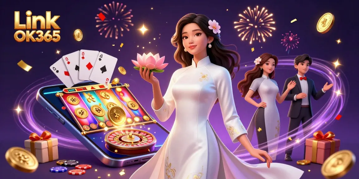 Experience the excitement of Link OK365 with a vibrant casino scene featuring engaging slot games and festive elements.