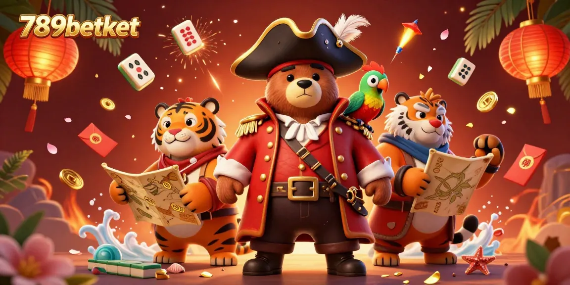 The 789betket scene showcases a pirate bear, a tiger, and a parrot amid vibrant casino-themed elements and fireworks.