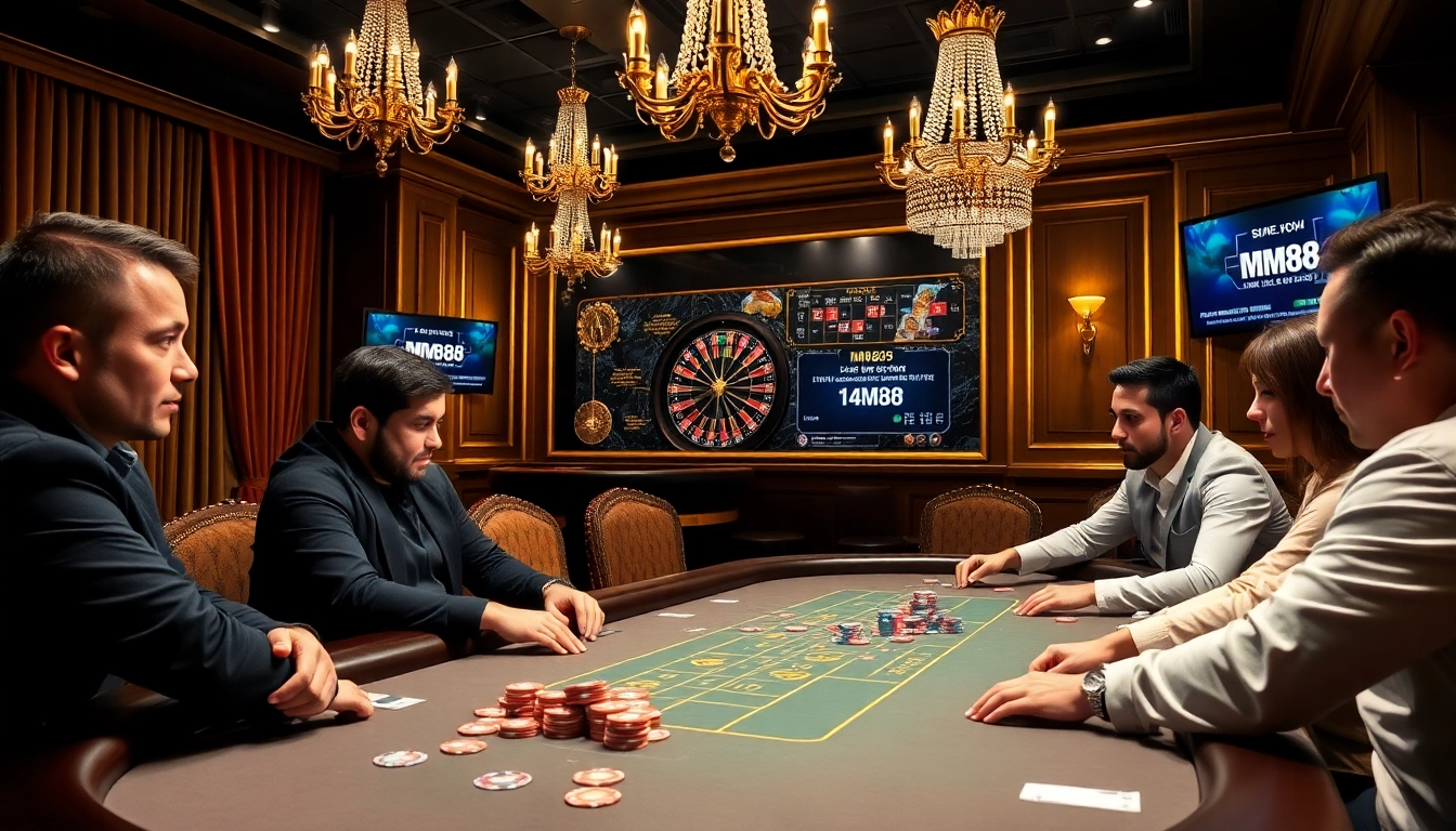 MM88 players engaging at a luxurious poker table filled with colorful chips and cards