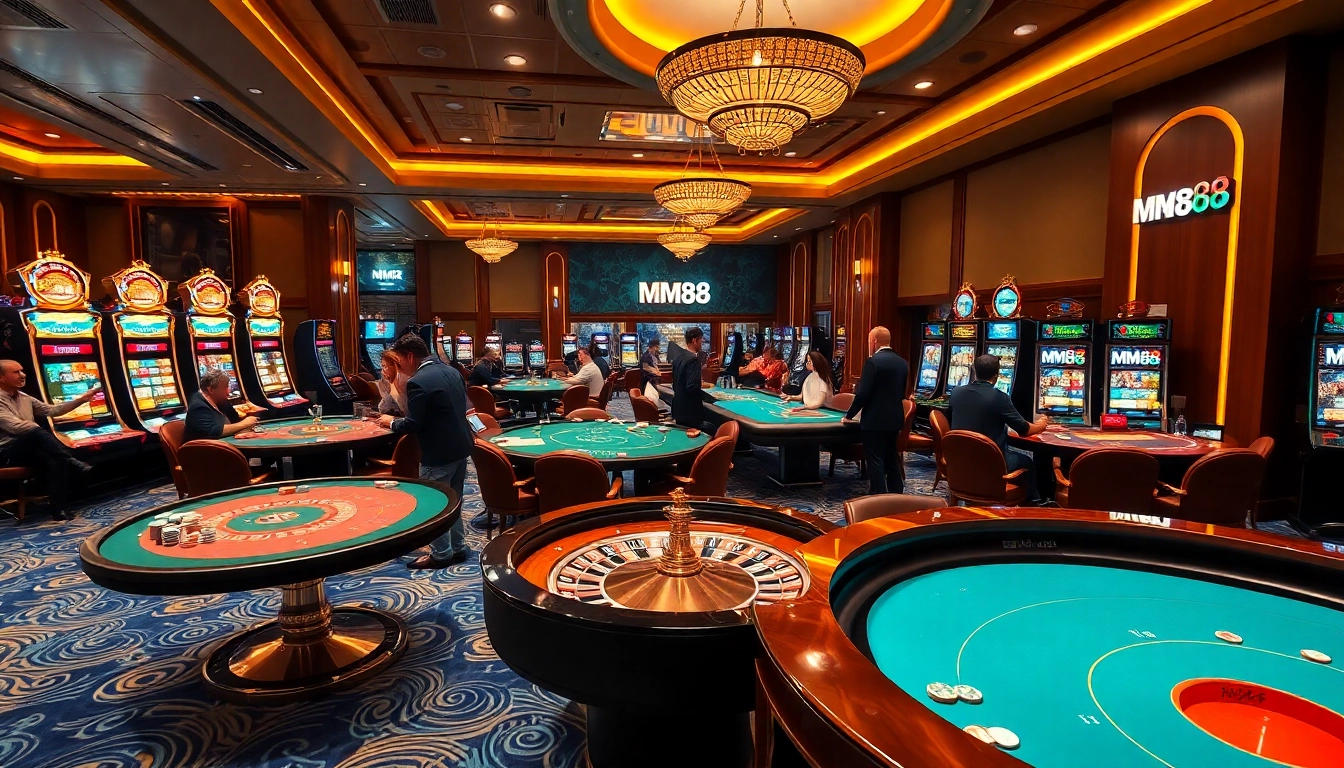 Experience the excitement of MM88 casino with vibrant gaming tables and roulette action.