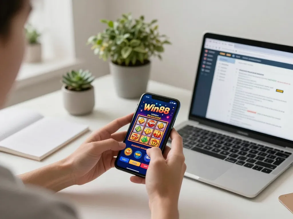 Play exciting slots on Win88 mobile app in a cozy home setting with engaged player.