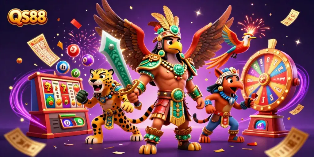Experience the excitement of QS88 with dynamic slots and colorful lottery elements in this vibrant illustration.