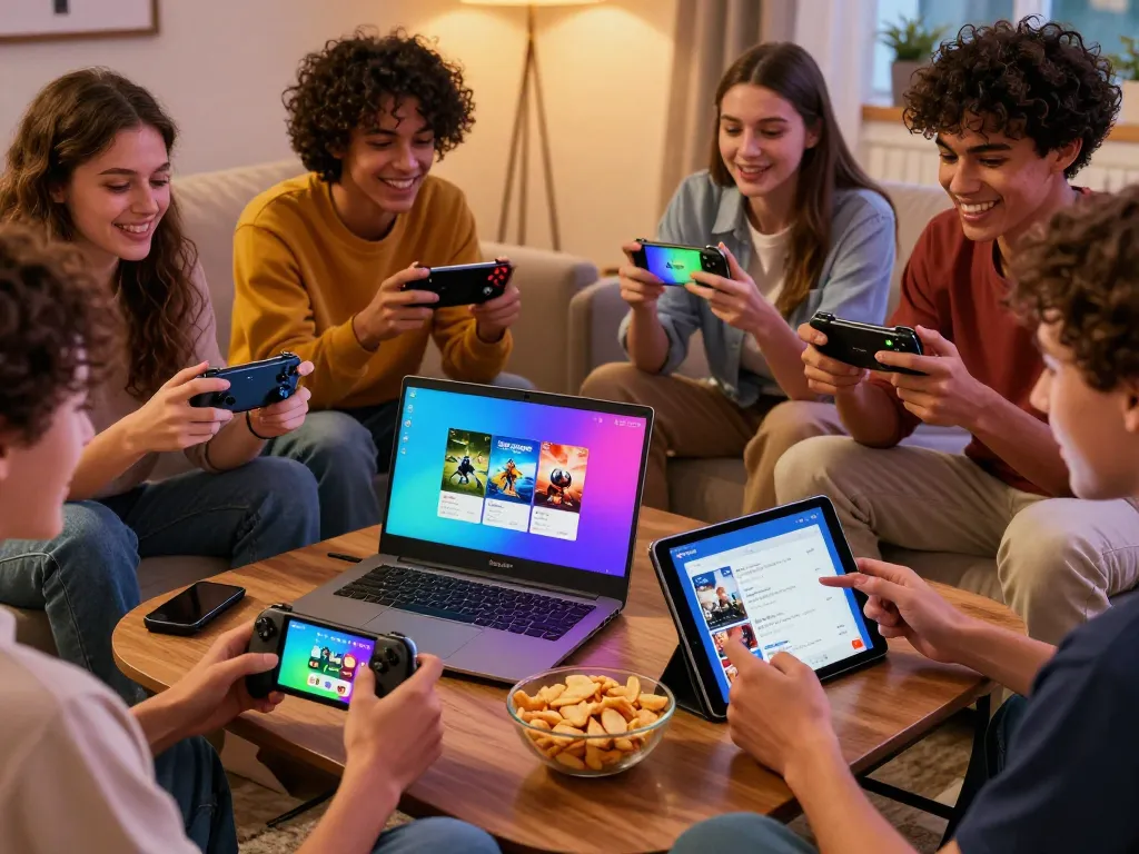 Exciting online gaming experience with friends playing tải sunwin on various devices, showcasing a vibrant atmosphere.