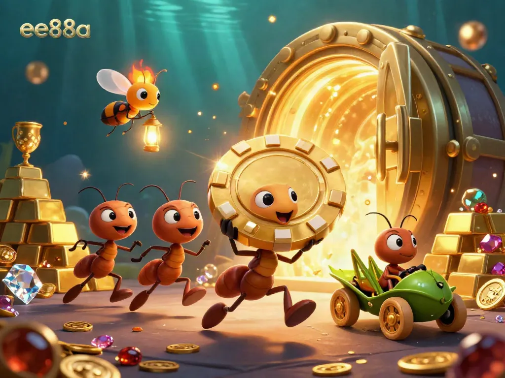 Ants heist scene at casino with golden poker chip and sparkling treasures, themed around ee88a.