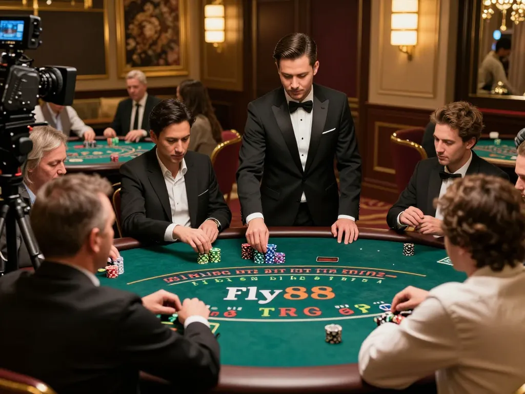 Players enjoying Baccarat in a live casino at fly88, showcasing excitement and professionalism.