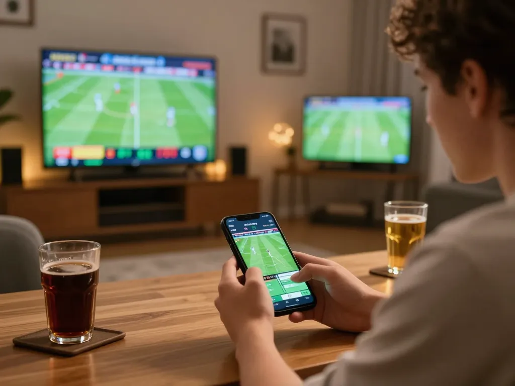 Using Cakhiatv for sports betting excitement with a smartphone in a cozy home setting