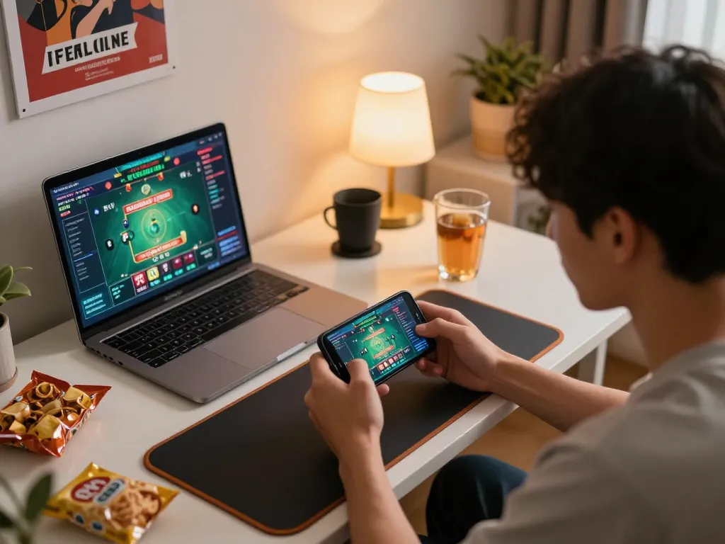 Engaging in tài xỉu online gaming with focused strategies in a modern home setup.