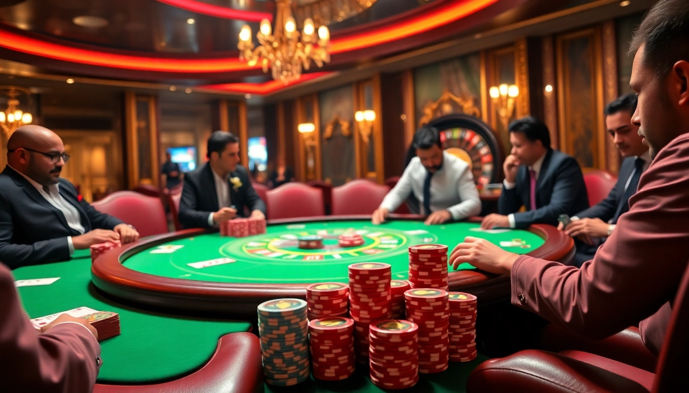 Players enjoying high-stakes poker at KU88 casino, surrounded by vibrant chips and cards.