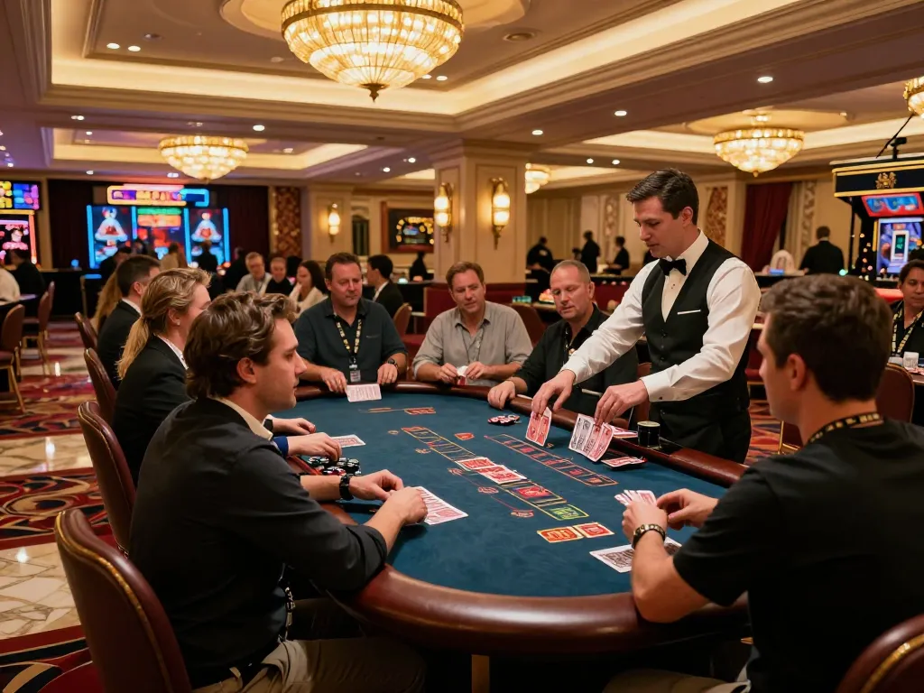 VMAX players enjoy blackjack at an upscale casino, highlighting an engaging atmosphere and professional gameplay.