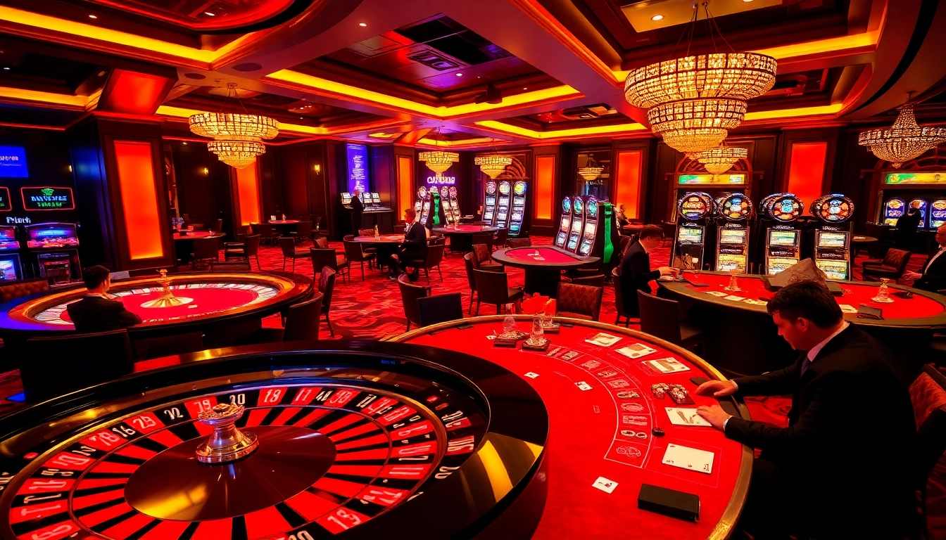 Experience the thrill of Fun 88 at a luxurious casino with vibrant poker tables and roulette wheels.