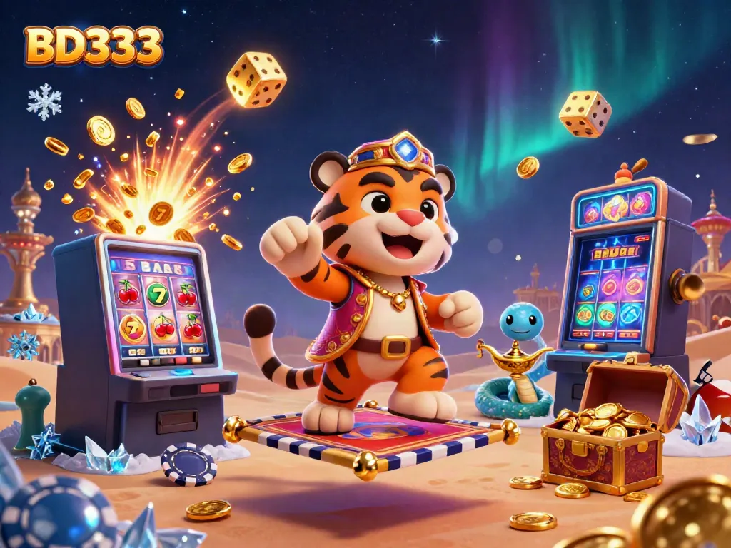 Win big with BD333 in this dynamic casino-themed illustration featuring a magical tiger sultan.