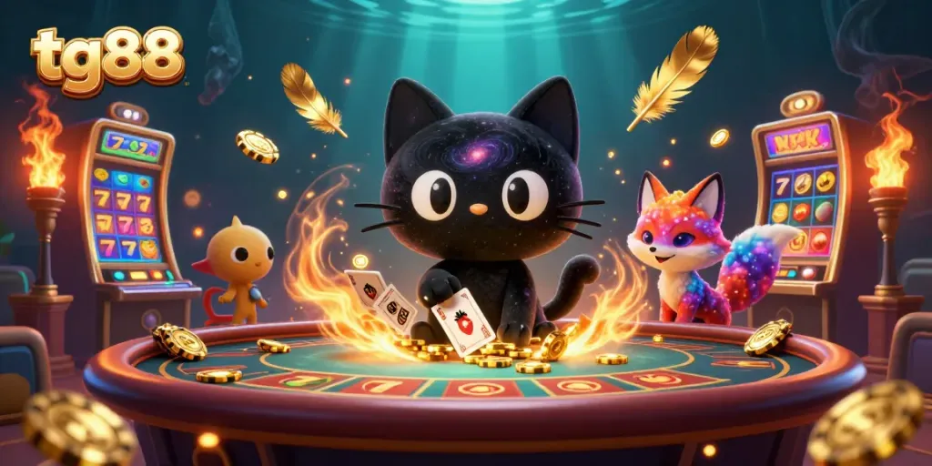 Join the fun at tg88, where the cartoon black hole cat pulls in golden chips amidst exciting slot machines.