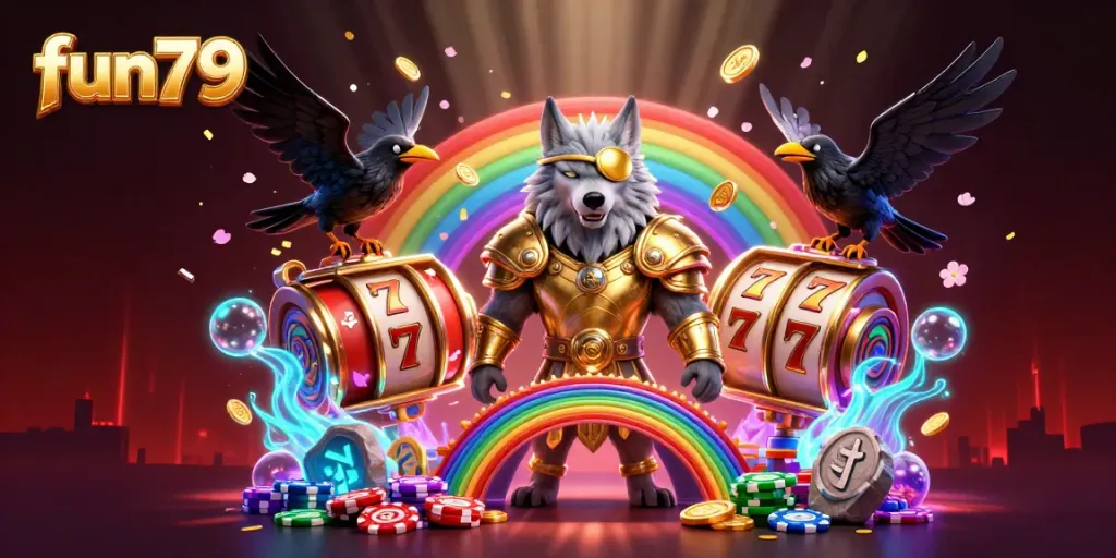 Engage with fun79's vibrant casino theme featuring Odin and ravens on a chip bridge amidst exploding confetti.