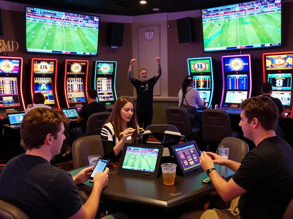 MM88 players engaging in dynamic sports betting strategies in a vibrant casino environment