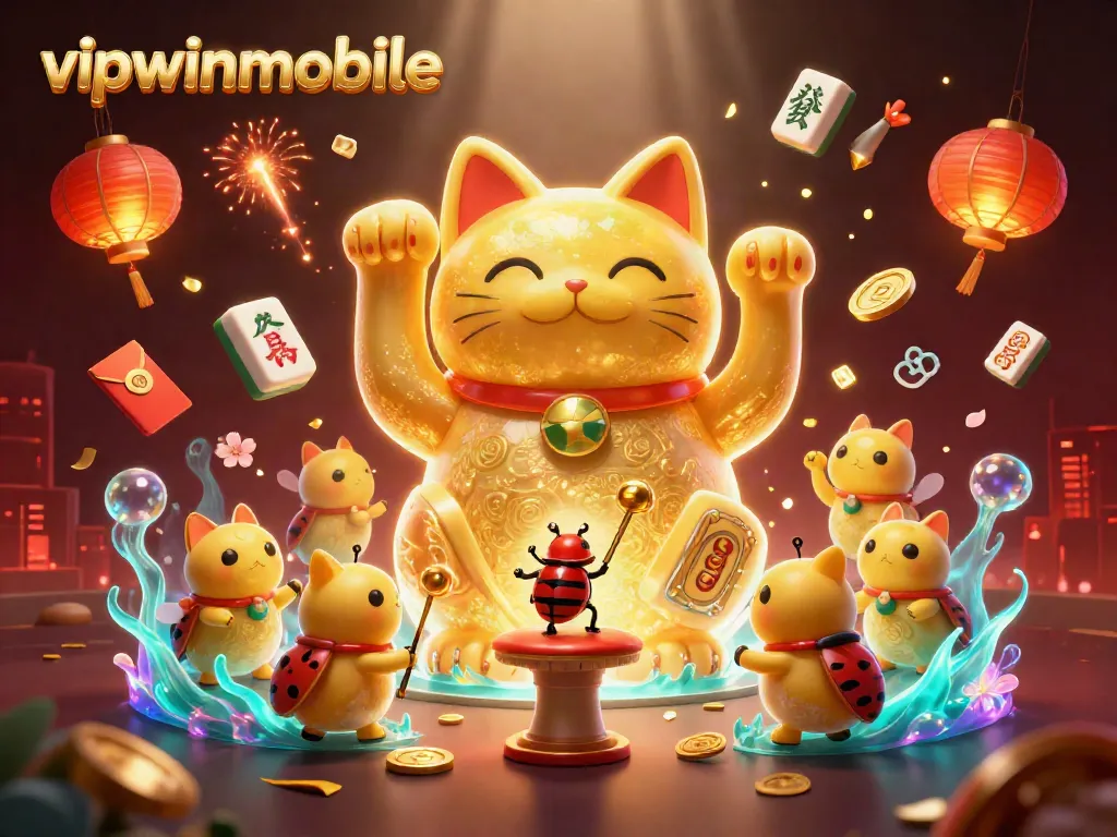 Experience winning strategies at vipwinmobile's vibrant casino scene with golden lucky cat and lively elements