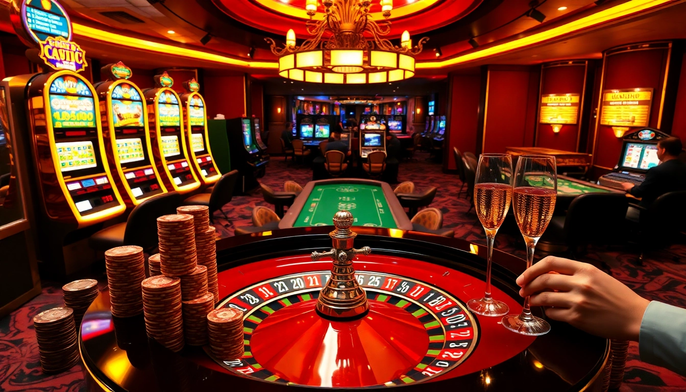 Experience the thrill of gaming at loto188.gb.net with a vibrant casino scene featuring roulette and slot machines.