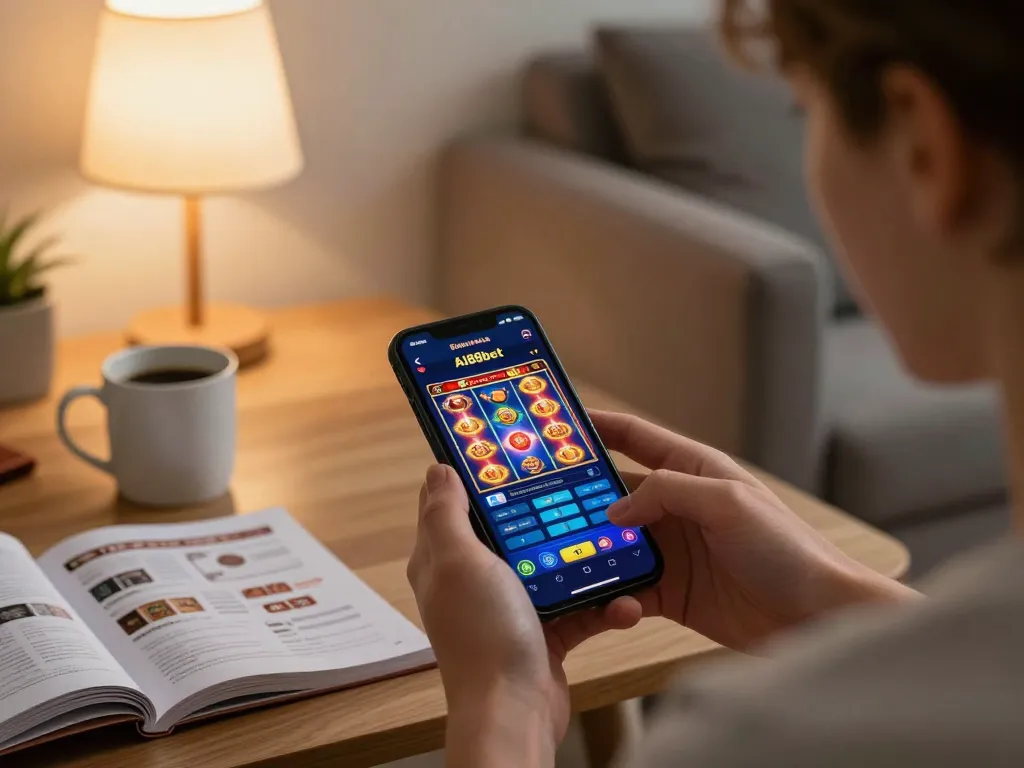 A player engages with the Ai88bet casino app, immersed in a vibrant online slot game at home.