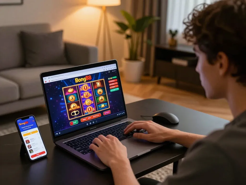 Bong88 online gaming setup with a player engaging on a laptop, showcasing interactive casino experience