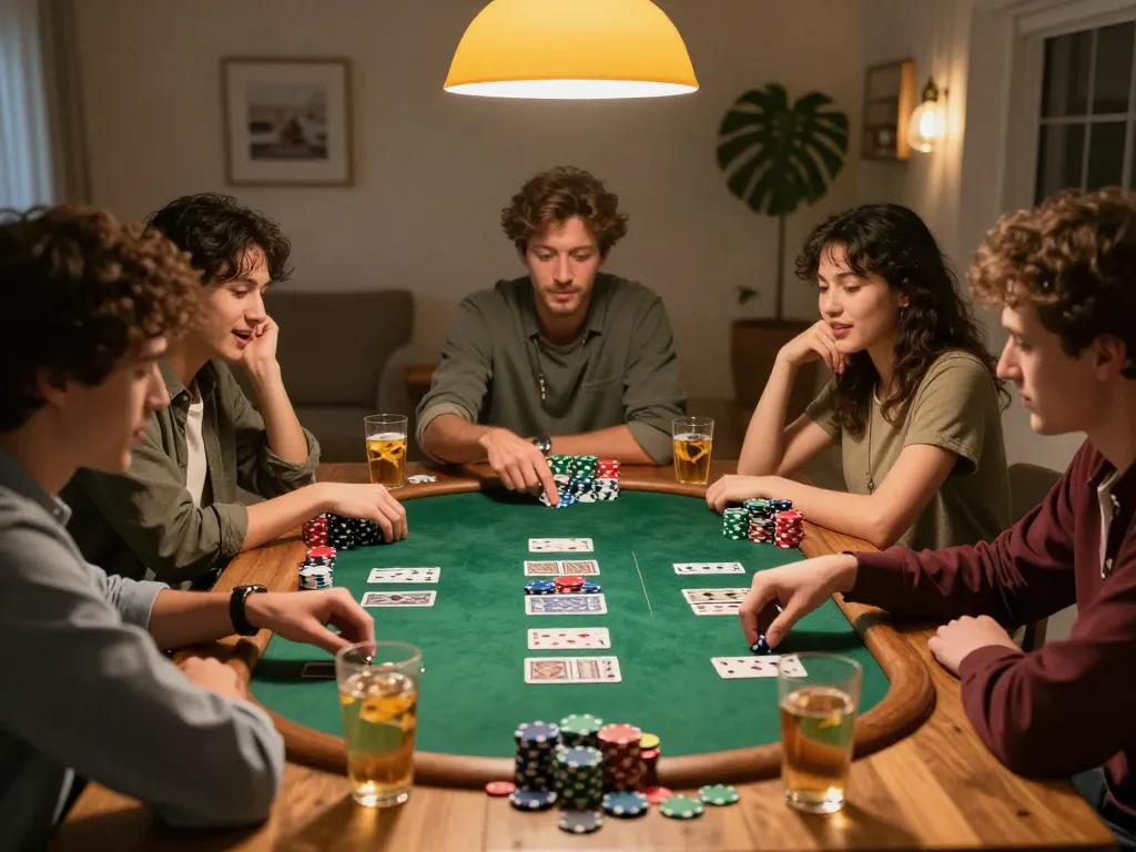 Friends enjoying a competitive poker game at home, showcasing RR99's vibrant gaming community