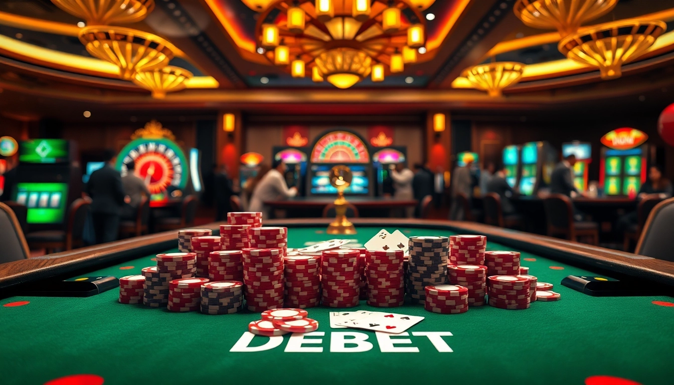 Engaged players enjoying a professional gambling experience at a DEBET-themed poker table.