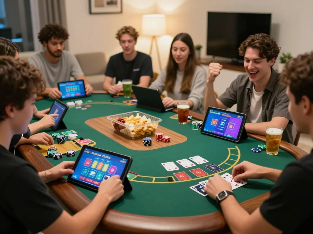Players enjoying online blackjack at https://dabet39.net/ in a cozy home setting with engaging visuals.