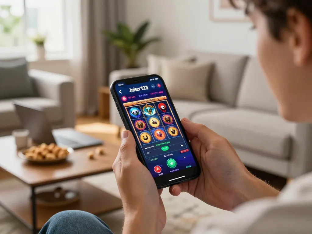 Engaging in Joker123 gaming on smartphone in cozy home setting, reflecting jamsosindonesia.