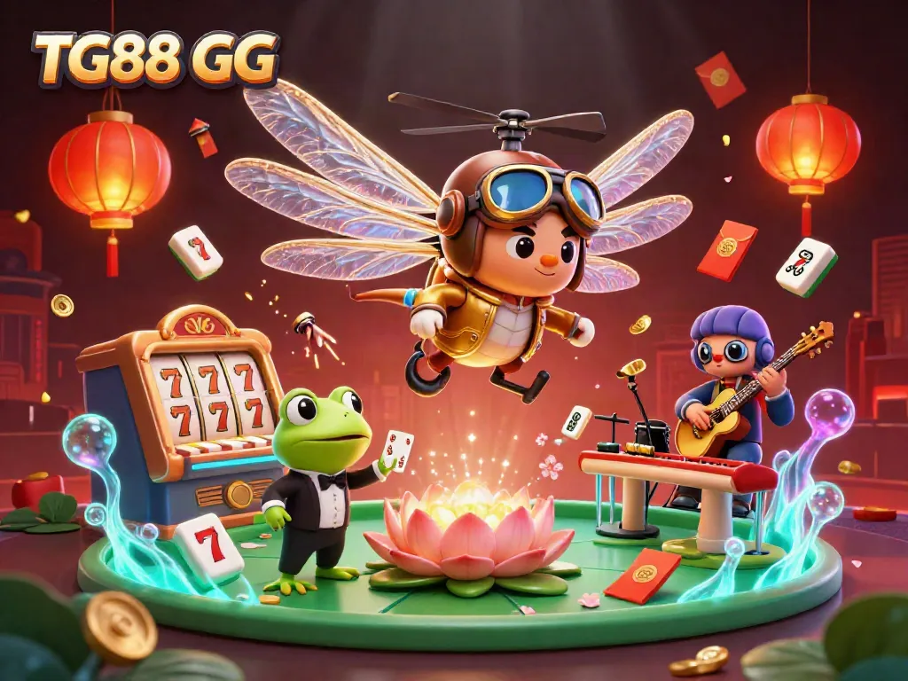 Experience winning moments with TG88 GG at a vibrant lily pad casino featuring dynamic characters.