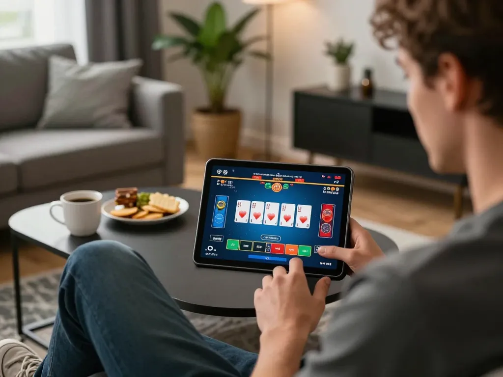 Enjoying a live dealer game on 9bets in a cozy home setting, with engaging gameplay on the screen.
