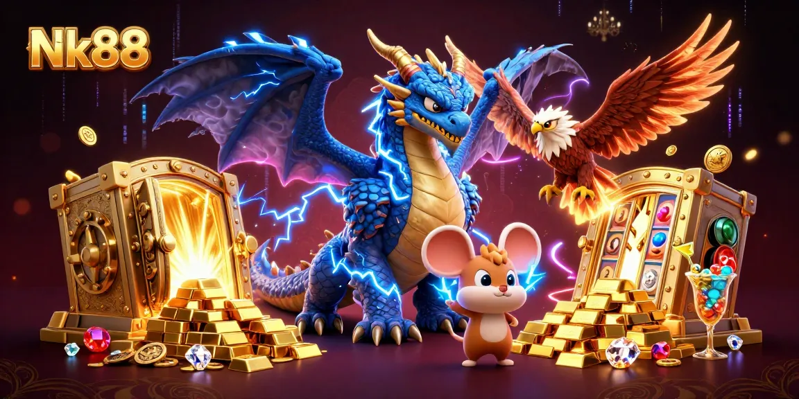 Experience the electrifying world of Nk88 with dazzling treasures and characters in a vibrant casino setting.