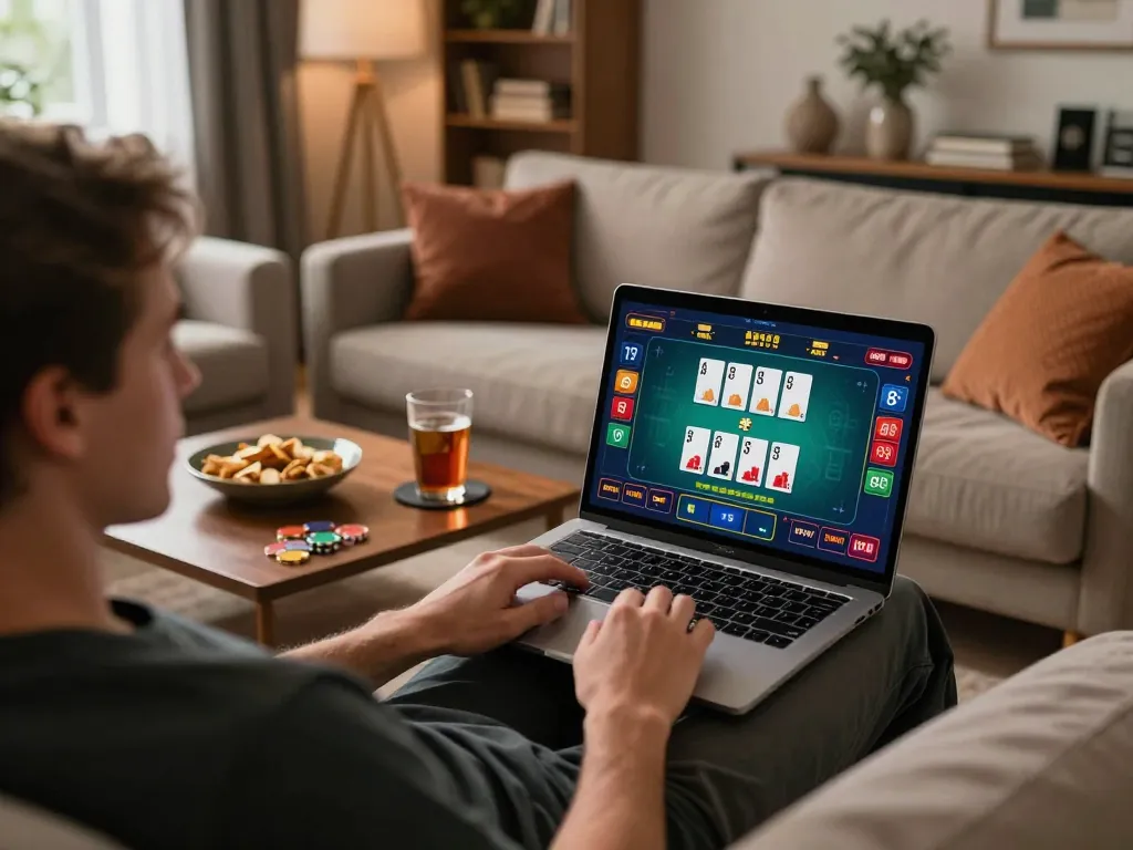 Player engaged in blackjack game on laptop at home, showcasing hit club vibes and responsible gambling