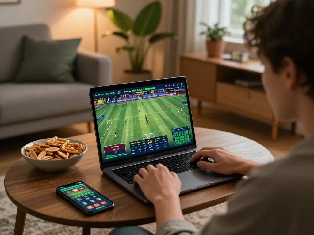 Engaging in sports betting on 789p using a laptop in a cozy home setup