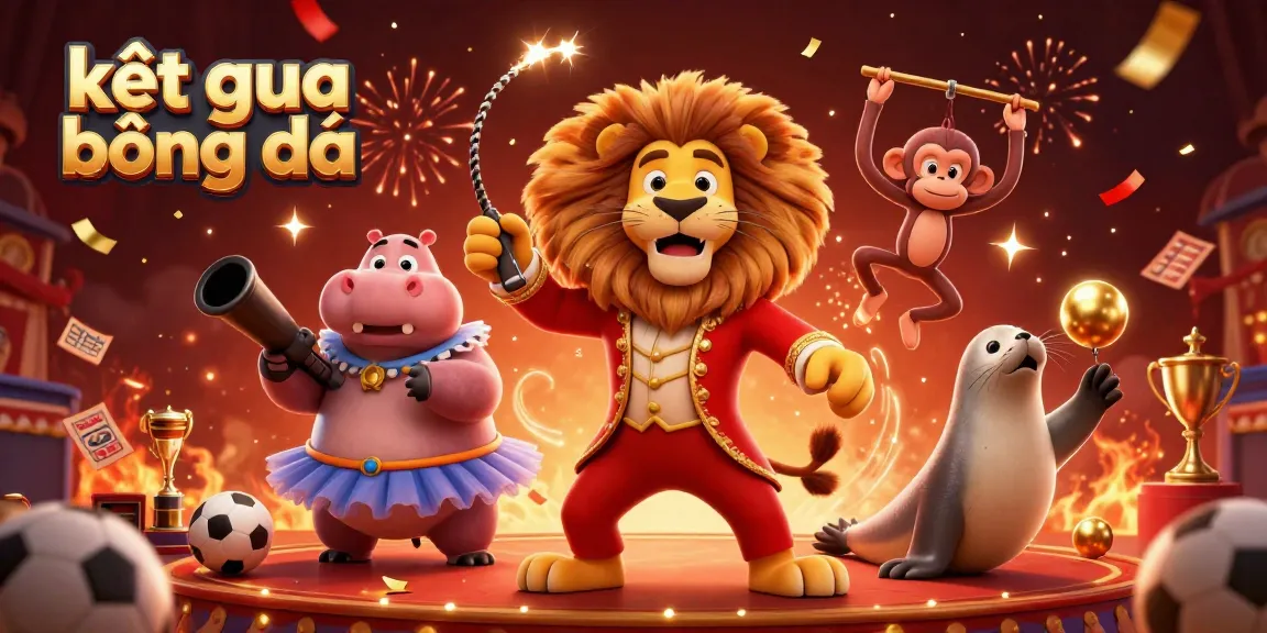 Kết quả bóng đá illustrated with a circus lion, hippo, and monkey celebrating in a lively sports betting scene.